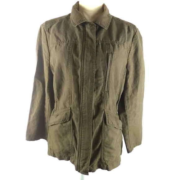 Loft Women's Sz Large Olive Green Jacket Zip Snap Utility Military Linen Blend - Picture 1 of 10